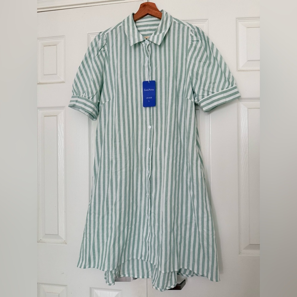 Chouyatou Sage and white Striped Casual Shirt